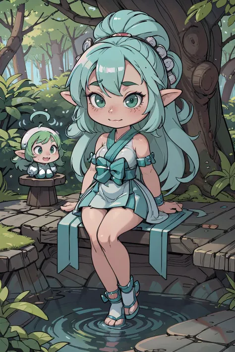 adorable,cute,(chibi:1.4),(kawaii:1), (masterpiece, best_quality, ultra-detailed, immaculate:1.3), epic, illustration, welcoming, 1girl, miko, elf, forest green hair with azure highlights, hair rings, (full body:0), [:revealing costume design:0.2], albino, in a tiny hot spring, in a barren control room, bombshell hair, platinum hair, long bombshell hair, straddling<lora:EnvyCuteMix14:1><lyco:EnvyElegance:0.5>,