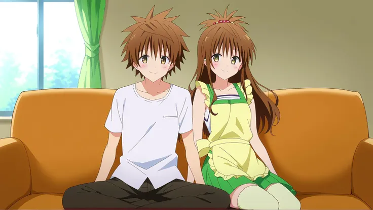 score_9, score_8_up, score_7_up, 1girl, 1boy, mikan yuuki, <lora:mikan-yuuki-ponyxl-lora-nochekaiser:0.8>, blush, long hair, brown hair, 
apron, green_skirt, hair_ornament, miniskirt, skirt, thighhighs, white_thighhighs, yellow_apron,, <lora:rito_yuuki_pony:1> rito_yuuki, brown hair, brown eyes, short hair, spiked hair, white shirt, pants,
looking at viewer, living room, sitting, sofa, lamp, window, smiling, film grain,