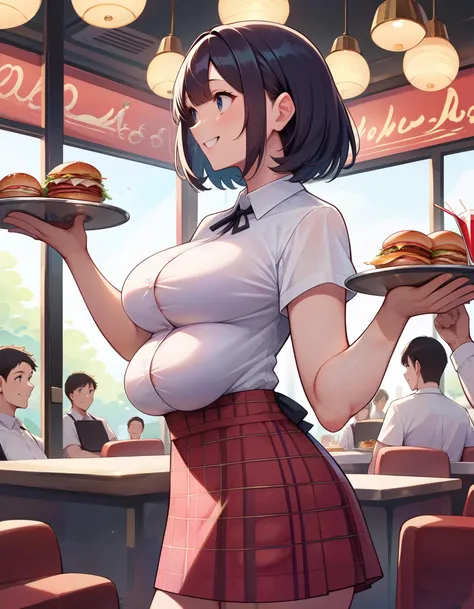 score_9, score_8_up, score_7_up, source_anime, masterpiece, best quality, absurdres, 1girl, white shirt, short sleeves, plaid skirt, waitress, see-through silhouette, (many breasts, extra breasts:1.3), medium breasts, from side BREAK holding tray, indoors, diner, medium hair, smile, looking ahead, restaurant