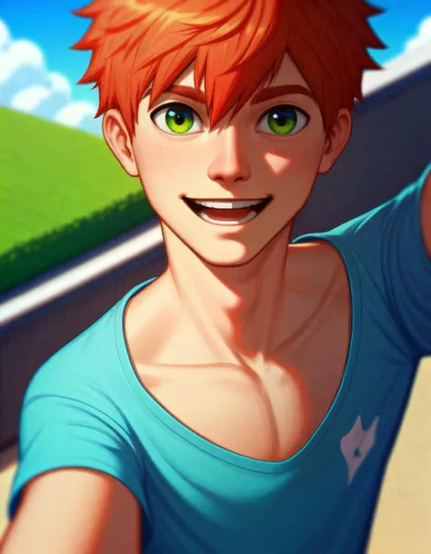 score_9, score_8_up, score_7_up, rating_sensitive, uncensored, source_hentai BREAK 1boy, outdoors, upper body, day, solo, happy, looking at viewer, selfie, from above, t-shirt, short,