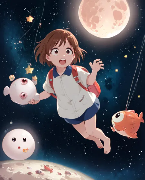 score_9, score_8, Nitta Minami, 1girl, brown hair, droopy eyes, detailed hands, upper teeth, cute, barefoot, backpack, incredible creature flying in space, outside, stars, moon, fish, pugs, marshmallows <lora:Nitta_Minami_ForPony:1>,
