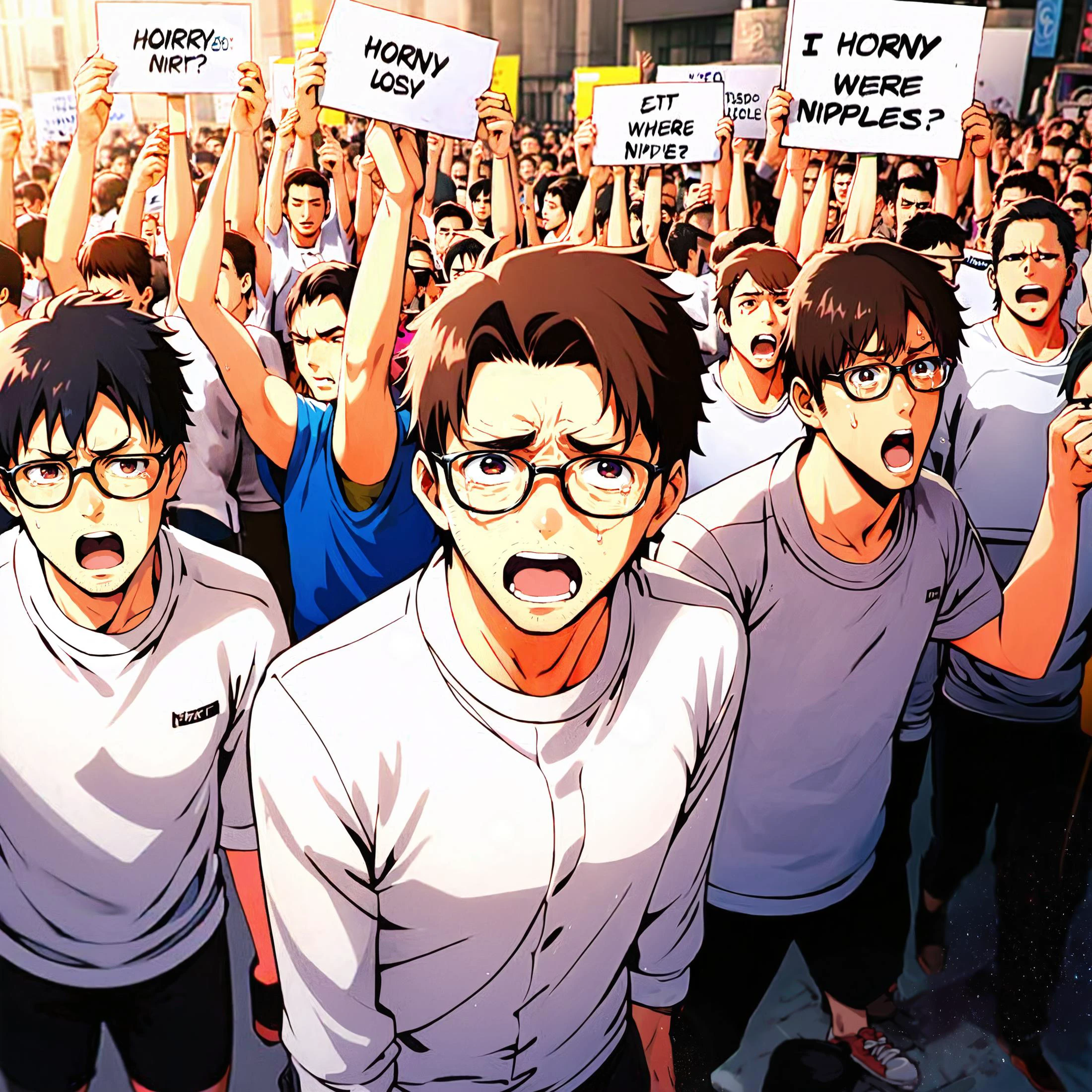score_9, score_8_up, score_7_up, best quality,masterpiece,(source_anime:1.2), 1 man, geek,"HORNY" TEXT wearing glasses, yelling, (crying:0.8), eyes closed, fat, angry, (depth of field, blurry:1.2), shoes