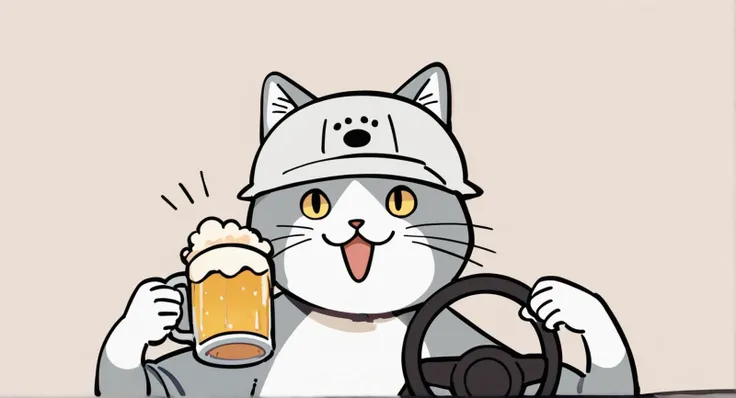score_9, score_8_up, score_7_up, (source_anime:1),masterpiece,high quality, highres,
genbaneko,cat boy, no humans, simple background, white background, :3, hat,
holding beer mug,upper body,(holding handle:1.1),driving, car interior,
simple background,