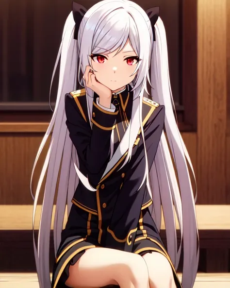 long_hair, solo, hands between legs, silver_hair,twintails,  red_eyes, head_rest,upper body,sitting,leg up