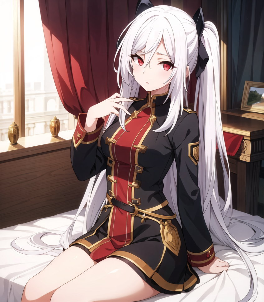 Anime girl sitting on a bed with long white hair - SeaArt AI