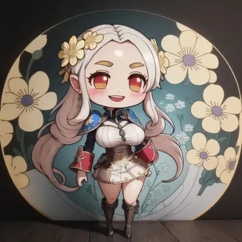 masterpiece, ultra-detailed, best quality, illustration, 8k cg wallpaper, an extremely delicate and beautiful, 1girl, (Edelgard (Fire Emblem)), (chibi), solo, standing, perfect anatomy, cute face, smiling, blushing, slim body, (huge breasts), perfect legs, cute, pretty, beautiful, sexy, perfect body, (background: flowery meadow, intricately detailed items in background), <lora:BiBooChi:1>