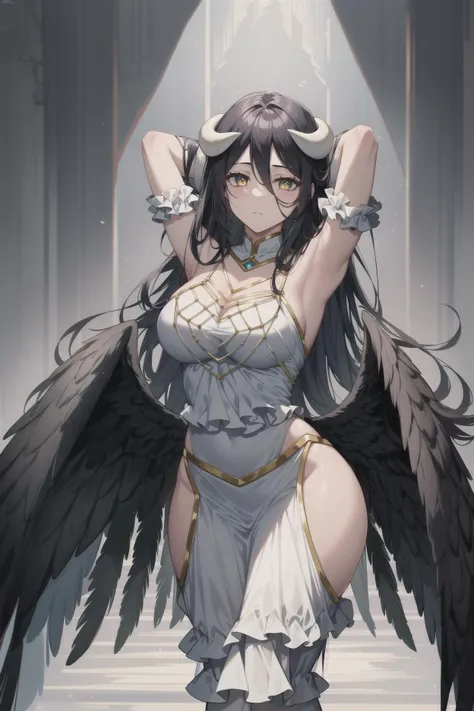 (masterpiece, best quality, high quality, highres, ultra-detailed), 1girl, <lora:CharacterAlbedoDemonHorn:0.8> albedo \(overlord\), white horns, demon horns, slit pupils, white dress, long dress, (black wings), feathered wings, long hair, black hair, arms behind head,