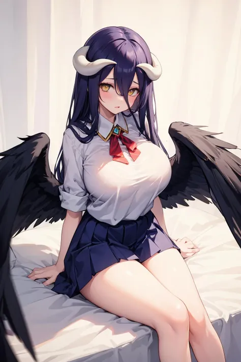 , 1girl, solo, albedo \(overlord\),
huge breasts,, <lora:CharacterAlbedoDemonHorn:1>, white_horns, slit pupils,
demon horns,
black wings, feathered wings, low wings, large wings,
sitting, bed, school uniform, bare legs,
