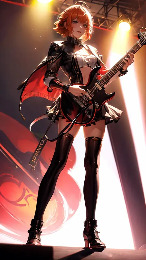 (Realistic),masterpiece,best quality,cinematic lighting,highest detail,aesthetic,Jib Shot,
1girl,solo,light smile,charming,20yo,full body,looking at viewer,Beach Waves Hair.Swaying hair,Sunset orange hair,
wearing edgpshorts,(astarothguitar,playing electric guitar:1.5),heavy metal stance,dark ambience,rock concert stage,concert,Flying,sexy posture,
<lora:edg_makeup1:0.8>,
<lora:add_detail:1>,<lora:å
å½±:1>,<lora:Astaroth:0.3>,
<lora:GoodHands-vanilla:1>,<lora:edgPunkShorts:0.5>,