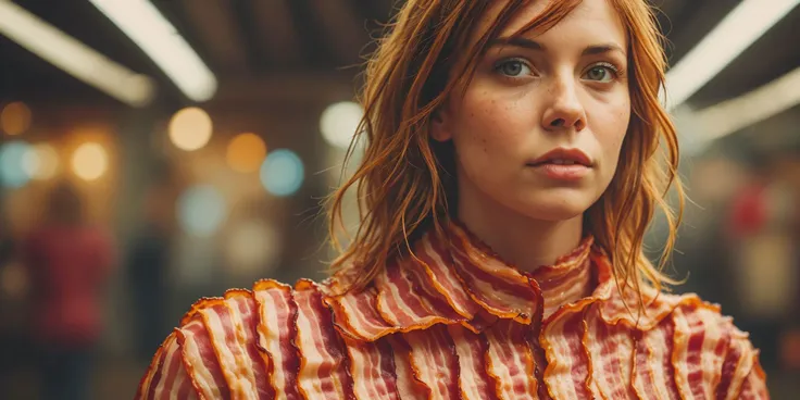 b4c0n, beautiful women wearing clothes made out of bacon (shallow depth of field:0.6), highly detailed, high budget, (bokeh:0.6),  film grain, grainy , <lora:RMSDXL_Darkness_Cinema:0.8>   <lora:MJ52:0.4> <lora:b4c0n-v1:0.8>