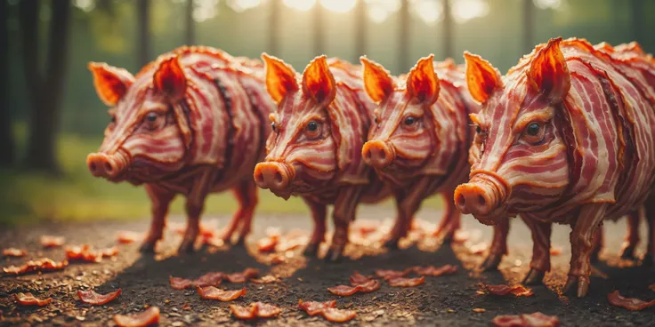 b4c0n, wild hogs made out of bacon (shallow depth of field:0.6), highly detailed, high budget, (bokeh:0.6), film grain, grainy , <lora:RMSDXL_Darkness_Cinema:0.8> <lora:MJ52:0.4> <lora:b4c0n-v1:0.8>