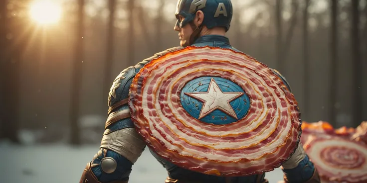 b4c0n, captain america with a shield made out of bacon (shallow depth of field:0.6), highly detailed, high budget, (bokeh:0.6), film grain, grainy , <lora:RMSDXL_Darkness_Cinema:0.8> <lora:MJ52:0.4> <lora:b4c0n-v1:0.8>