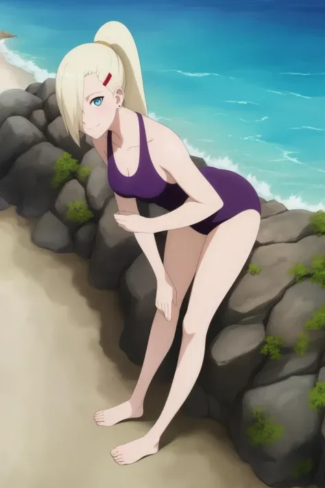 1girl, solo,blue eyes, ponytail, hair over one eye, hairclip,earrings,looking at viewer, long hair, blonde hair,outdoors,smile,closed mouth,<lora:Ino-000030:1>,swimsuit, beach,water,leaning forward, <lora:animemix_v3_offset:0.7>,full body, barefoot,