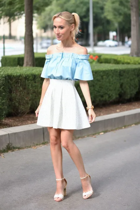 candid paparazzi photo, full body shot
<lora:KellyCollins_SD15_v1.1:1>
photograph <lora:epiCRealismHelper:1>
of KellyCollins,
blonde, Low Ponytail Off-the-shoulder blouse (Zara) Denim skirt (Madewell) Block heel sandals (Dolce Vita) Belt,
detailed face, detailed little white dress, detailed skin,