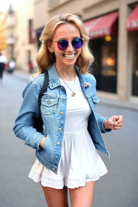 candid paparazzi photo, full body shot
<lora:KellyCollins_SD15_v1.1:1>
photograph <lora:epiCRealismHelper:1>
of KellyCollins,
blonde, parted complex intricate detailed hair,
Ruffled denim jacket (Levi's) High-waisted shorts (American Eagle) White sneakers (Converse) Sunglasses, mini backpack (Herschel)
detailed face, detailed little white dress, detailed skin, (happy512),