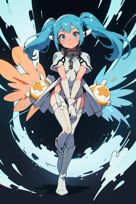 (masterpiece, best quality), 1girl, beautiful face, <lora:nymph-lora-nochekaiser:1> nymph, blue eyes, blue hair, long hair, long twintails, robot ears, twintails, two side up, wings, arm support, boots, chain, collar, garter straps, gloves, thighhighs,