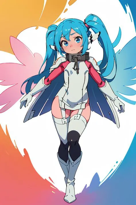 (masterpiece, best quality), 1girl, beautiful face, <lora:nymph-lora-nochekaiser:1> nymph, blue eyes, blue hair, long hair, long twintails, robot ears, twintails, two side up, wings, arm support, boots, chain, collar, garter straps, gloves, thighhighs,
