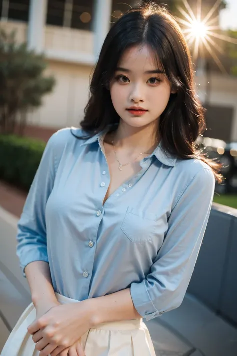 absurdres, high resolution, (high quality, masterpiece:1.2), cowboy shot, (lens flare, glitters), unbuttoned shirt, realism, <lora:vanhvanh-15:0.9>, vanhvanh, youth, cute, ((breasts out))