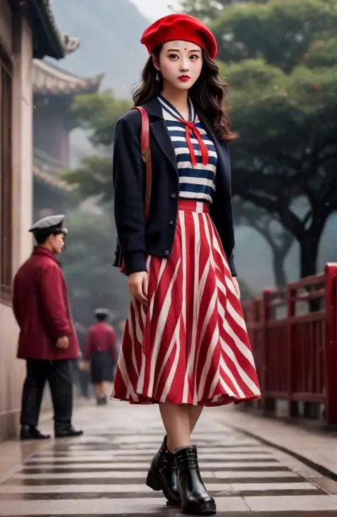 breathtaking, (masterpiece,best quality,ultra high res:1.1),(photo-realistic:1.1),looking at viewer,
character portrait,20yo,chinese actress,
1girl,<lora:zhouhaimei_XL_0_:1.3>,zhouhaimei,(Striped_beret:1.4),(Polka_dot_midi_skirt:1.3),(Retro_ankle_boots:1.2),, award-winning, professional, highly detailed