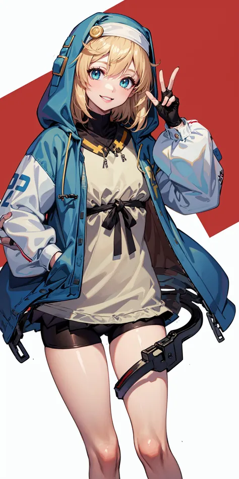 (masterpiece, best quality:1.2), solo, 1girl, ggsbridget, smile, looking at viewer, hand in pocket, hooded jacket, long sleeves, black gloves, fingerless gloves, skirt, bike shorts <lora:guiltygear_strive_bridget:1.0>