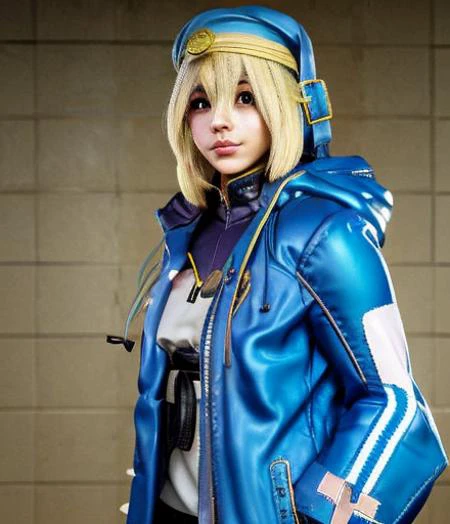 a woman in a blue jacket posing for a picture, trending on pixiv, fantastic realism, cosplay photo, okita sougo, official product photo, in a hood, <lora:SF15:1>, sf6, 1girl, <lora:PearForceOne:0.5>,  <lora:guiltygear_strive_bridget:1>, ggsbridget, cute