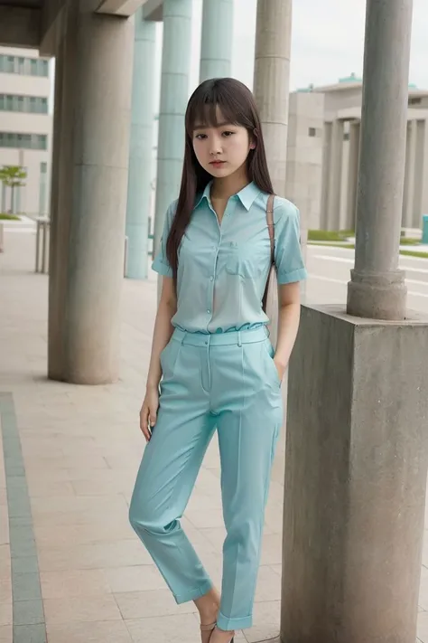 <lora:miku_takaoka_obj20:0.6 >, full_body, standing, sandals, (shirt), pants, (leaning tower of pisa), (miku_takaoka: 1.2), perfect face, (contact iris: 1.1), pale skin, skin pores , depth of field