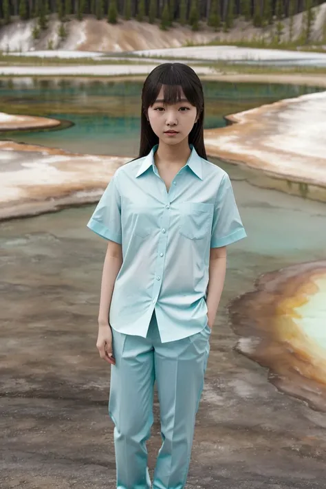 <lora:miku_takaoka_obj20:0.5  >, full_body, standing, sandals, (shirt), pants, (yellowstone), (miku_takaoka: 1.2), perfect face, (contact iris: 1.1), pale skin, skin pores , depth of field