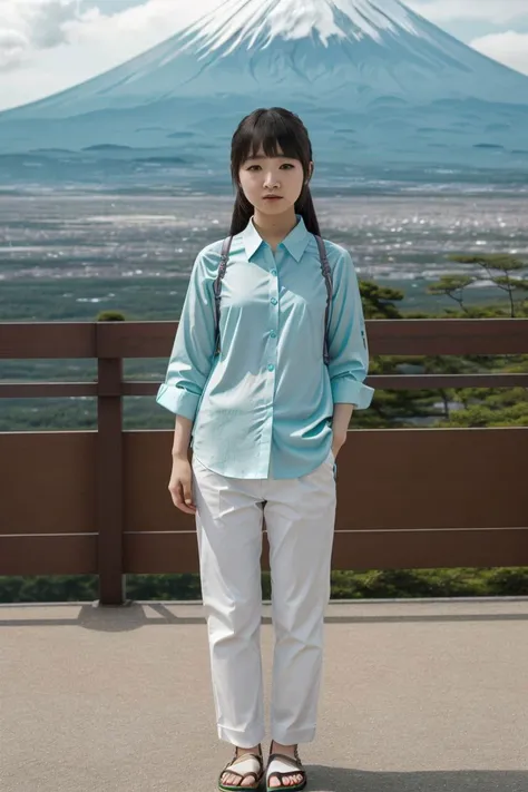 <lora:miku_takaoka_obj20:0.5  >, full_body, standing, sandals, (shirt), pants, (mount fuji), (miku_takaoka: 1.2), perfect face, (contact iris: 1.1), pale skin, skin pores , depth of field
