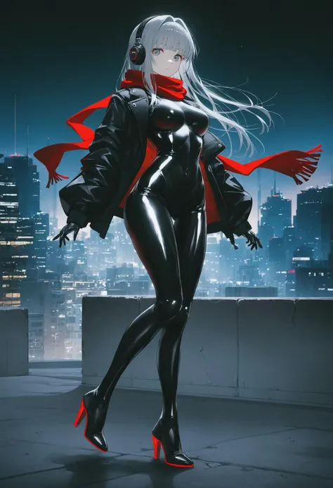 best quality,amazing quality,very aesthetic,absurdres,masterpiece,
1girl, grey eyes, long hair, silver hair, straight hair, medium breasts, mature female, blunt bangs, hair intakes,
(white latex bodysuit:1.2), headphones, black leather jacket, open jacket, lapels, red scarf, black thigh boots, high heel boots, 
expressionless, looking at viewer,
solo, full body, 
cityscape, night, night sky, science fiction, concrete rooftop,
cinematic lighting, depth of field,
shiny latex, latex fetish,
((artist:swav))