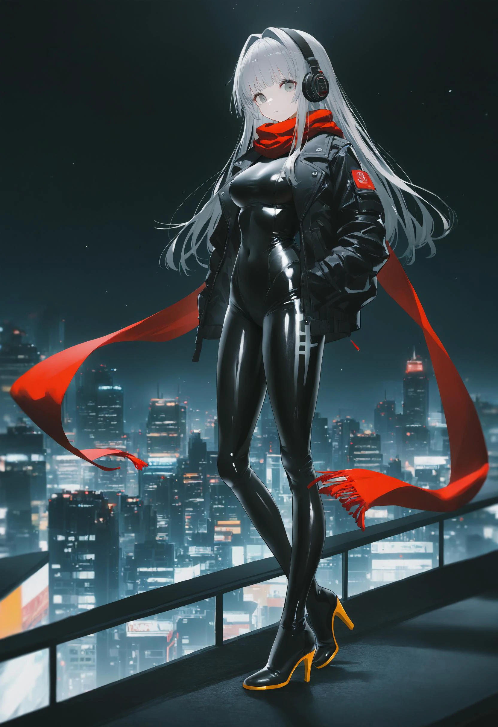 best quality,amazing quality,very aesthetic,absurdres,masterpiece,
1girl, grey eyes, long hair, silver hair, straight hair, medium breasts, mature female, blunt bangs, hair intakes,
white latex bodysuit, headphones, black leather jacket, open jacket, lapels, red scarf, black thigh boots, high heel boots,
expressionless, looking at viewer,
solo, full body,
cityscape, night, night sky, science fiction,
cinematic lighting, depth of field,
shiny latex, latex fetish,
((artist:swav))