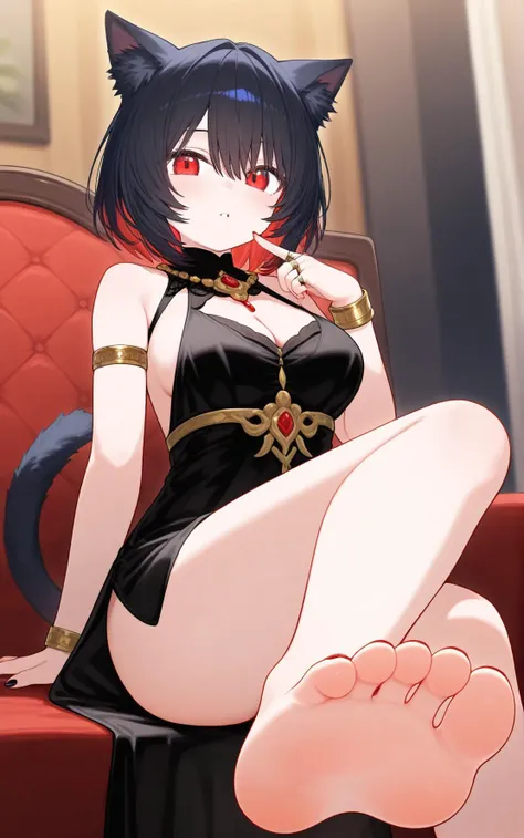 1girl,animal_ears,breasts,tail,barefoot,feet,jewelry,solo,dress,red_eyes,cat_tail,toes,armlet,cat_ears,black_hair,animal_ear_fluff,nail_polish,black_dress,sitting,cleavage,looking_at_viewer,red_hair,short_hair,multicolored_hair,bracelet,parted_lips,black_nails,soles,toenails,toenail_polish,sleeveless,bangs,hair_between_eyes,foot_focus,tail_ornament,cat_girl,foreshortening,foot_out_of_frame,sleeveless_dress,bare_shoulders,necklace,tail_ring,medium_breasts,ring,two-tone_hair,colored_inner_hair,blurry,hand_up,bare_legs,large_breasts,, best quality,amazing quality,very aesthetic,absurdres,masterpiece,