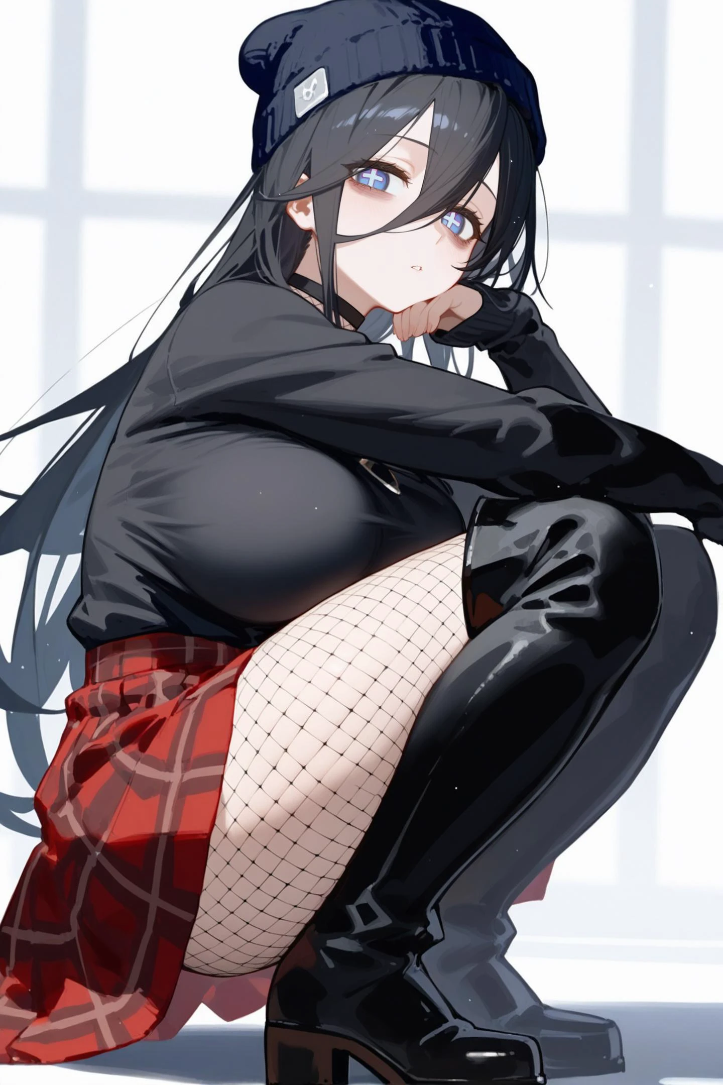 ciloranko,ningen mame,1girl,(mature female:1.2),tall female,black hair,long hair,long bangs,hair between eyes,blue eyes,petite,large breasts,expressionless,pout,cross-shaped pupils,(bags under eyes:1.4),parted lips,beanie,black choker,black top,sleeves past wrists,plaid skirt,fishnet pantyhose,thigh boots,squatting,on floor,looking at viewer,close-up,from side,deep glow effect,depth of field,cinematic lighting,light particles,light leaks,white background,foreshortening,elbow rest,, score_9,score_8_up,score_7_up