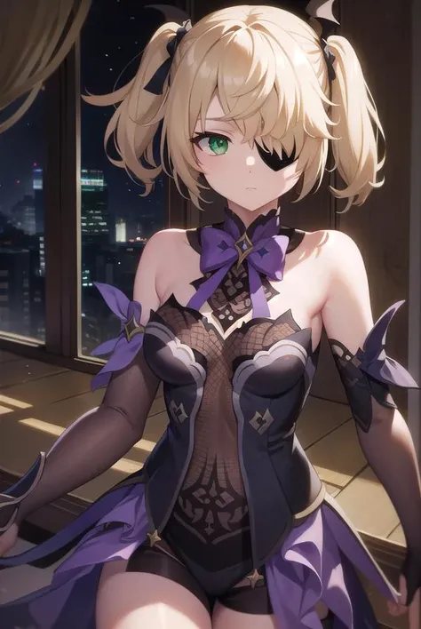 girl lifting up her gloved hand in a confident and dramatic pose, eyepatch, green eye, asymmetrical_legwear, stockings, simple background, swirling purple magic