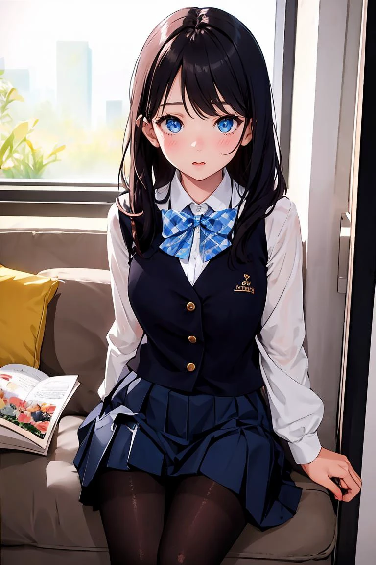 1girl, pleated skirt, ong hair, blue eyes, cute face, <lora:BetterPantyhose_v1:0.5> pantyhose,