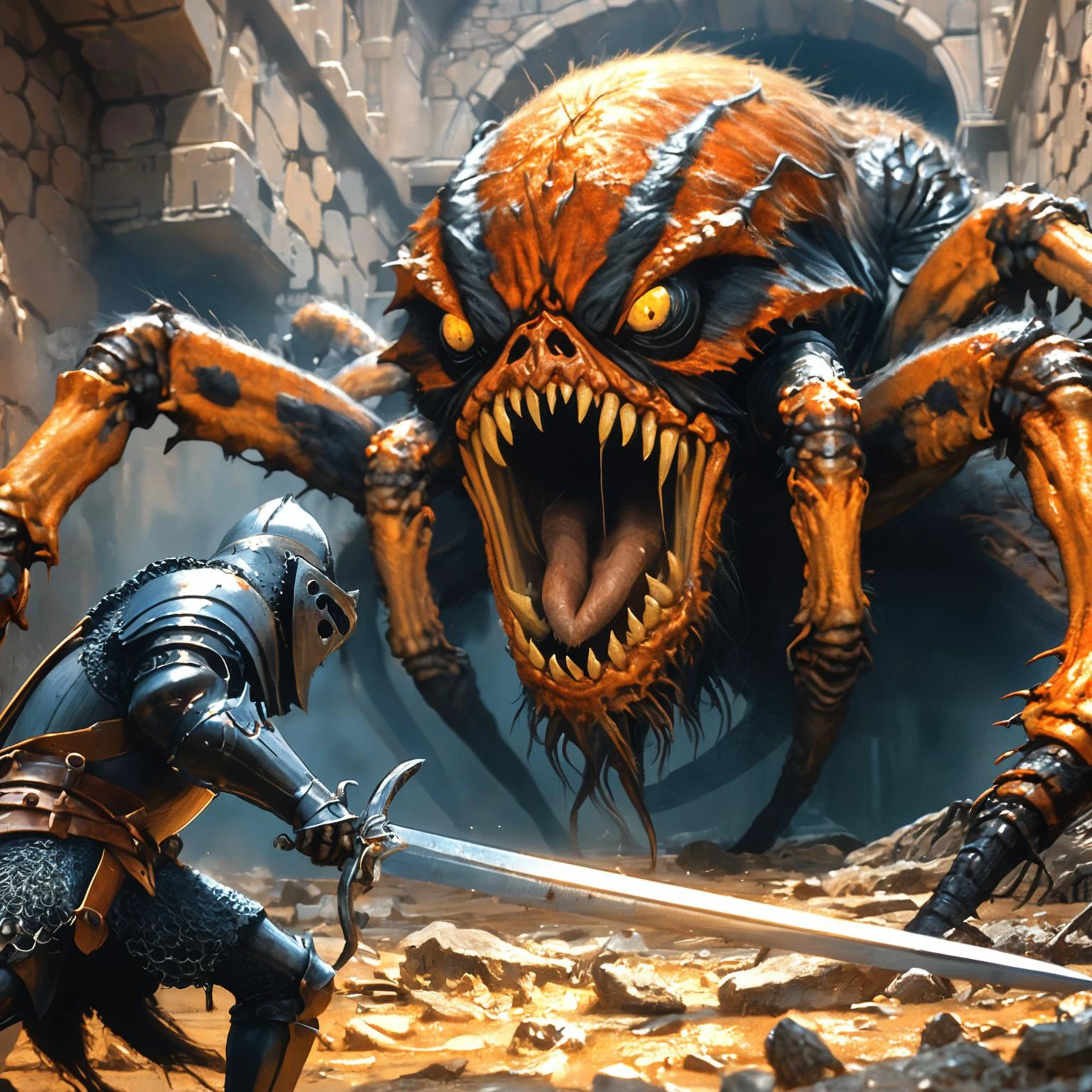 amazing quality, masterpiece, best quality, hyper detailed, ultra detailed, UHD, HDR, wide-angle lens, view from a 45-degree angle, from below,
this is a world of giants except for humans,
hairy spider monster,
hairy spider in macro photography,
a human knight encounters a hairy spider underground at ancient ruins, epic battle, epic scene,
the knight holds a sword to resist the attack of the hairy spider,
dead silence, flame in the background, dry wood,
<lora:XL_boss_battle:1.0>, Bosstyle,
<lora:add-detail-xl:0.75>,
<lora:angry:1.0> angry,
<lora:EnvyBetterHiresFixXL01:1.0>,
<lora:extremely_detailed:1.2> extremely detailed,