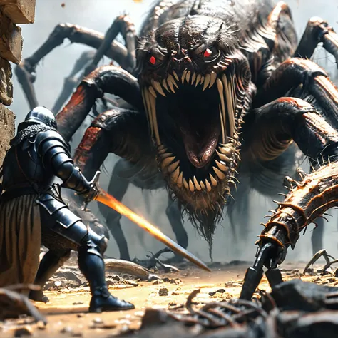 amazing quality, masterpiece, best quality, hyper detailed, ultra detailed, UHD, HDR, wide-angle lens, view from a 45-degree angle, from below,
this is a world of giants except for humans,
hairy spider monster,
hairy spider in macro photography,
a human knight encounters a hairy spider underground at ancient ruins, epic battle, epic scene,
the knight holds a sword to resist the attack of the hairy spider,
dead silence, flame in the background, dry wood, cinematic composition, -level special effects,
<lora:XL_boss_battle:1.0>, Bosstyle,
<lora:add-detail-xl:0.75>,
<lora:angry:0.85> angry,
<lora:EnvyBetterHiresFixXL01:1.0>,
<lora:extremely_detailed:1.2> extremely detailed,