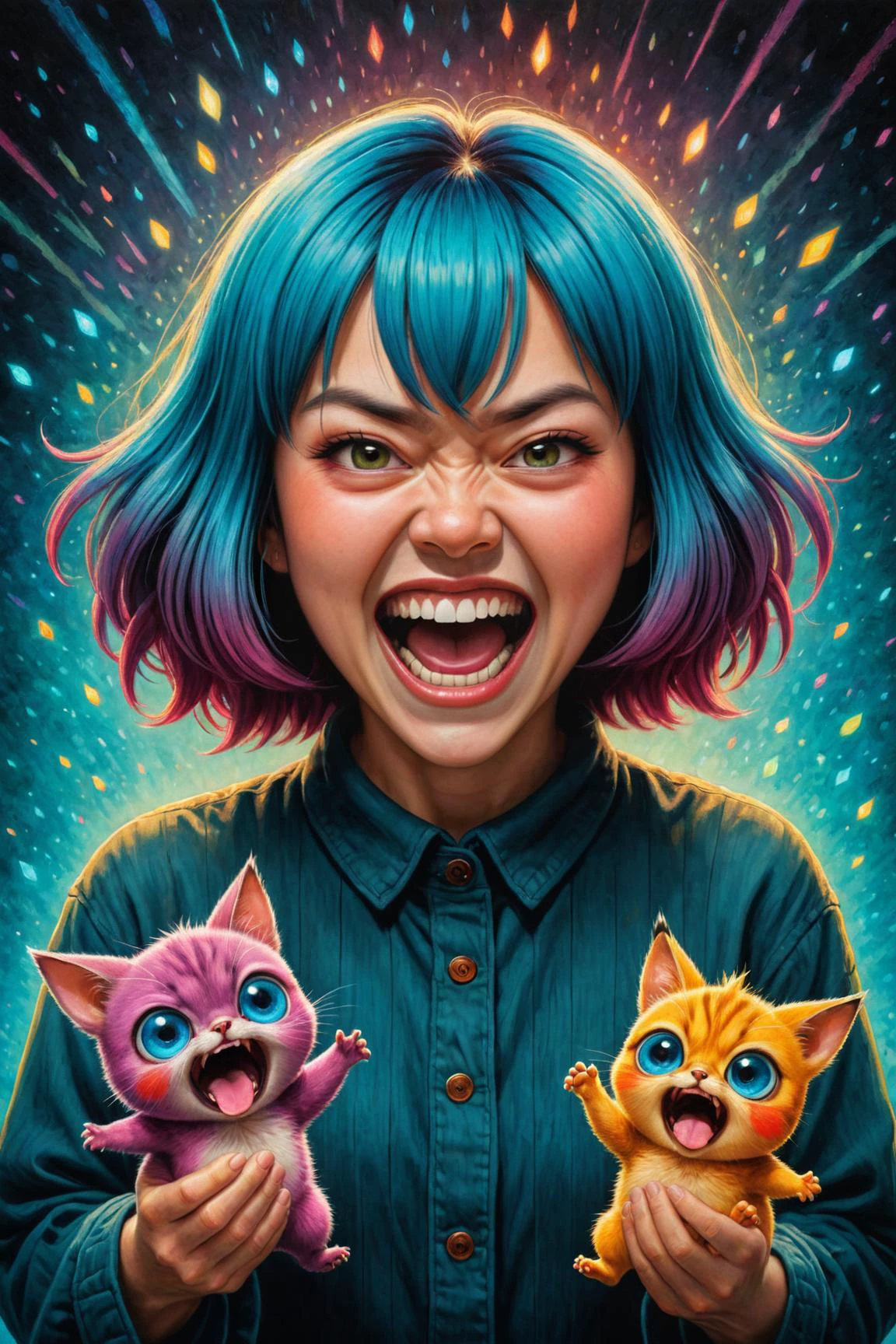 8k photorealistic cinematic digital oil pastel on canvas<lora:oil_pastel:1> by (((Andy Kehoe) and Hikari Shimoda) and Ilya Kuvshinov) and Ayumi Tanaka, cute angry woman holding up two minature people, maniacal laughter <lora:angry:0.25> <lora:maniacal_laughter:1.25> <lora:dual_pisols:1.50>, <lora:more_art:0.20><lora:huge_anime_eyes:0.85><lora:attractive:0.75><lora:great_lighting:1.00><lora:aesthetic:0.85><lora:photorealistic_portrait:0.85><lora:clothing_slider:3.00><lora:RMSDXL_Enhance:0.35><lora:RMSDXL_Creative:0.35><lora:RMSDXL_Photo:0.45><lora:RMSDXL_Darkness_Cinema:0.50><lora:XDetail_heavy:0.45><lora:perfect_eyes:0.15><lora:perfect_hands:0.15><lora:midjourney:-0.15><lora:looking_at_viewer:0.75>
