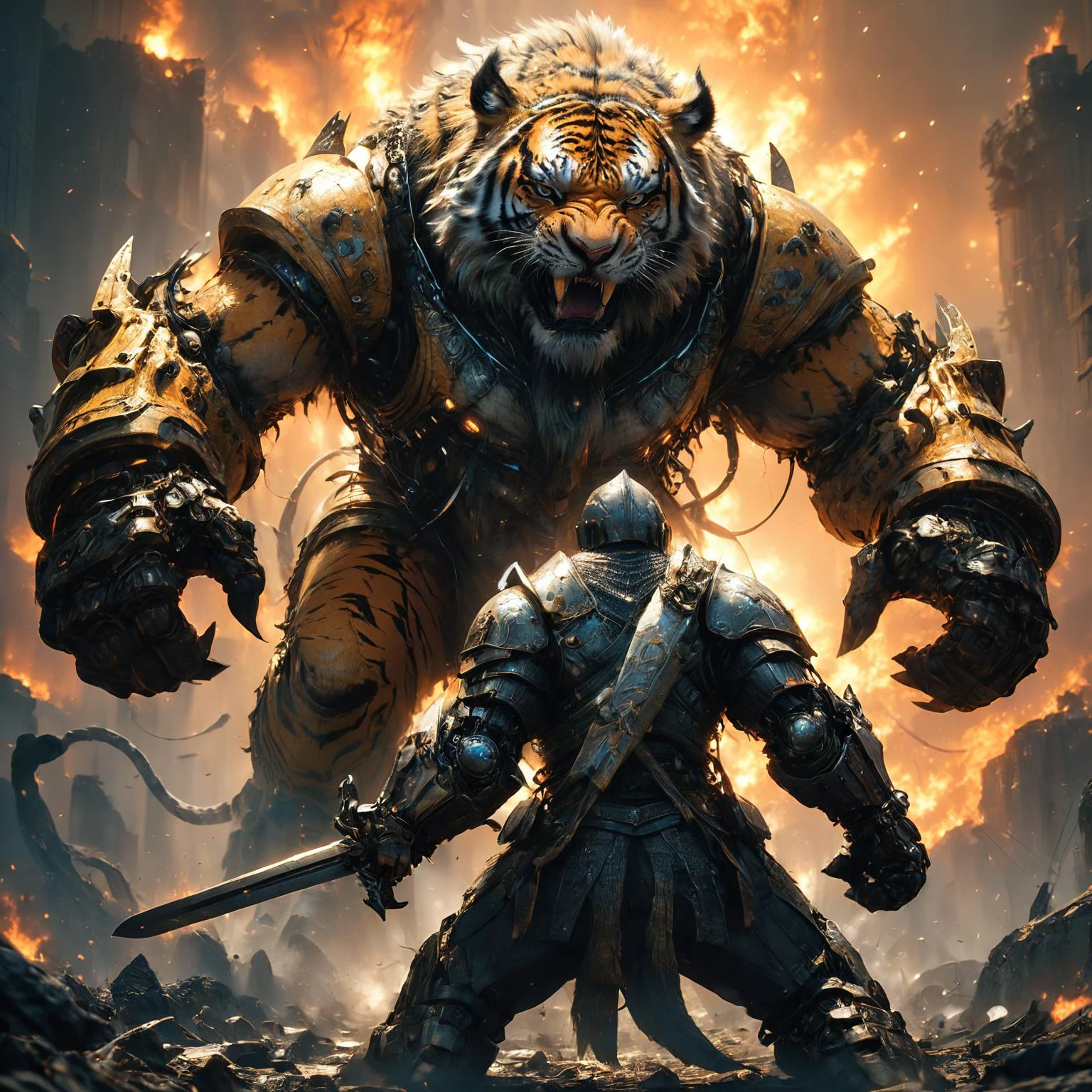 amazing quality, masterpiece, best quality, hyper detailed, ultra detailed, UHD, HDR, wide-angle lens, futuristic,
(a fighting between knight and tiger robot:1.3),
(an action shot of a knight fighting a giant fantasy tiger devil:1.2),
tiger, glowing eyes, tiger has yellow suit, roaring tiger, (tiger extremely angry:1.2), (tiger opened mouth:1.2), tiger has fangs, (fiercely tiger:1.3), (punching:1.3),
(knight holding glowing sword:1.4),
(late in night:1.2), ( fire in the background:1.2),doomsday war, doomsday sky,
<lora:XL_boss_battle:1.0>, Bosstyle,
<lora:cfc-giant-mechanical-arms:0.6>, giant mechanical arms,
<lora:add-detail-xl:0.75>,
<lora:EnvyBetterHiresFixXL01:1.0>,
<lora:extremely_detailed:1.5> extremely detailed,
<lora:DonM3t3rn1tyXL-v1.1-000008:0.65>, DonM3t3rn1tyXL, <lora:angry:0.8> angry, calm
