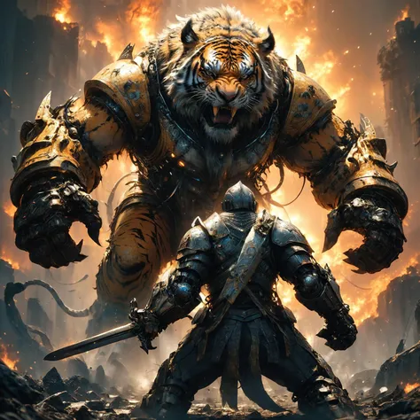 amazing quality, masterpiece, best quality, hyper detailed, ultra detailed, UHD, HDR, wide-angle lens, futuristic,
(a fighting between knight and tiger robot:1.3), 
(an action shot of a knight fighting a giant fantasy tiger devil:1.2),
tiger, glowing eyes, tiger has yellow suit, roaring tiger, (tiger extremely angry:1.2), (tiger opened mouth:1.2), tiger has fangs, (fiercely tiger:1.3), (punching:1.3),
(knight holding glowing sword:1.4),
(late in night:1.2), ( fire in the background:1.2),doomsday war, doomsday sky,
<lora:XL_boss_battle:1.0>, Bosstyle,
<lora:cfc-giant-mechanical-arms:0.6>, giant mechanical arms,
<lora:add-detail-xl:0.75>,
<lora:EnvyBetterHiresFixXL01:1.0>,
<lora:extremely_detailed:1.5> extremely detailed,    
<lora:DonM3t3rn1tyXL-v1.1-000008:0.65>, DonM3t3rn1tyXL,  <lora:angry:0.8> angry, calm