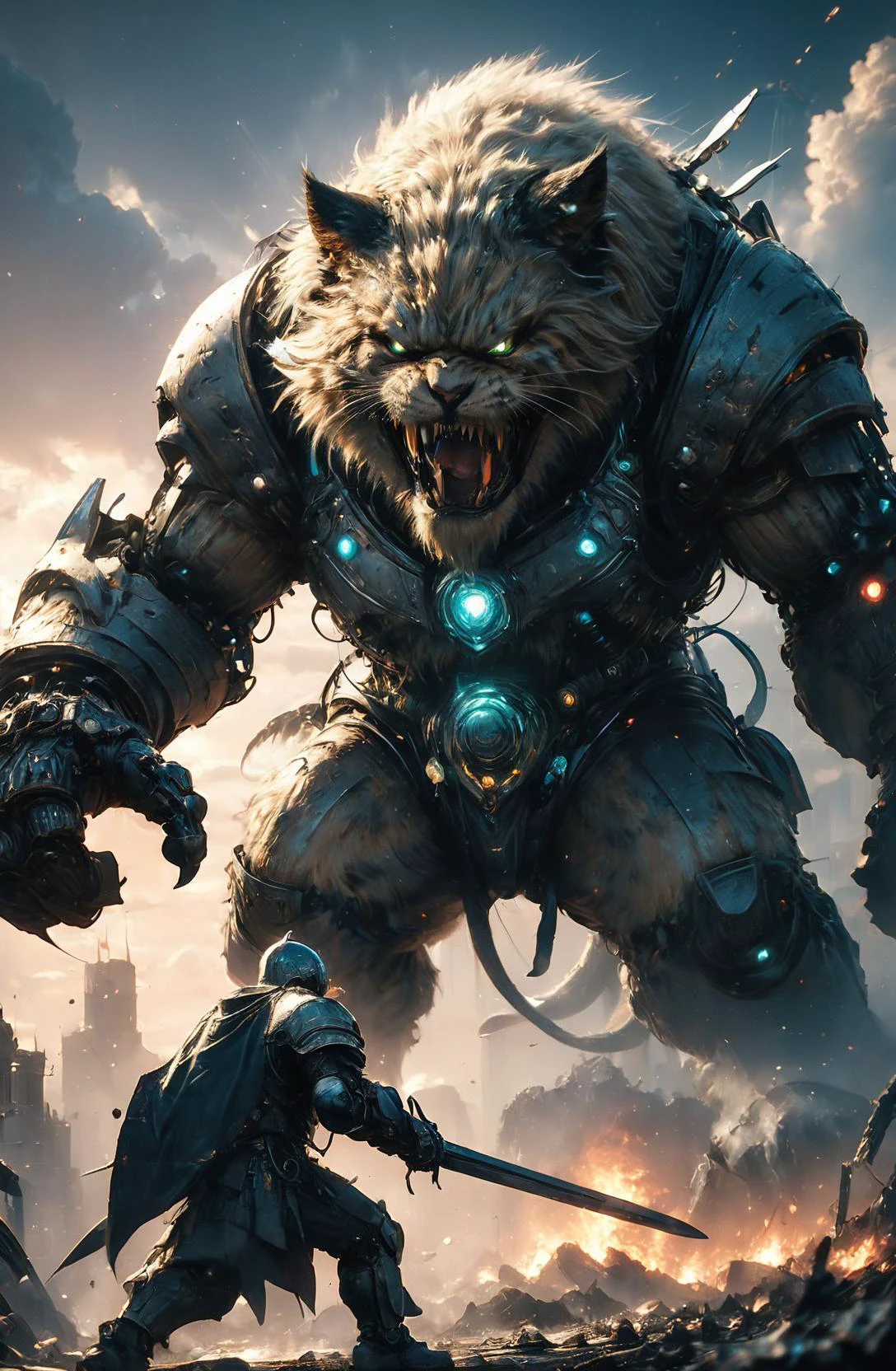 amazing quality, masterpiece, best quality, hyper detailed, ultra detailed, UHD, HDR, wide-angle lens, futuristic,
(a fighting between knight and robot cat:1.3),
(an action shot of a knight fighting a giant fantasy robot cat devil:1.2),
evil cat, glowing eyes, cat has yellow suit, roaring cat, (cat extremely angry:1.2), cat far away,(cat opened mouth:1.2), cat has fangs, (fiercely cat:1.3), (punching:1.3),
(knight holding glowing sword:1.4),
(late in night:1.2), ( fire in the background:1.2),doomsday war, doomsday sky,
<lora:XL_boss_battle:1.0>, Bosstyle,
<lora:cfc-giant-mechanical-arms:0.6>, giant mechanical arms,
<lora:add-detail-xl:0.75>,
<lora:angry:1.1> angry,
<lora:EnvyBetterHiresFixXL01:0.85>,
<lora:extremely_detailed:1.2> extremely detailed,
<lora:DonM3t3rn1tyXL-v1.1-000008:0.75>, DonM3t3rn1tyXL,