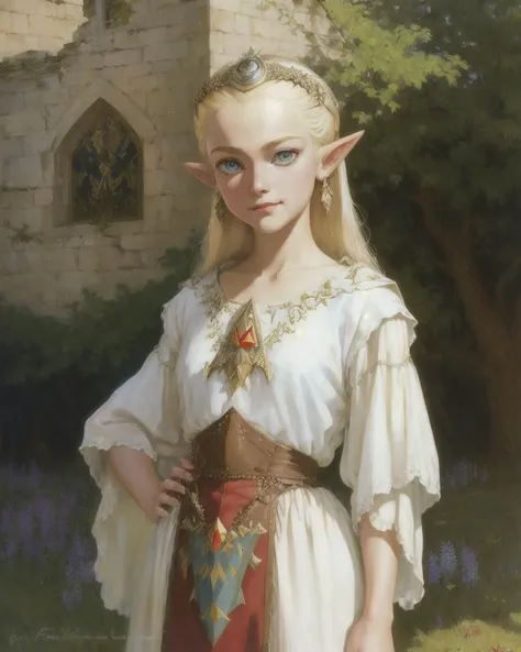 pointy ears, blonde hair, young zelda, blue eyes, child, fantasy art, portrait, garden, wall castle in background, (oil painting:1.2), illustration, by (Clyde caldwell, frank frazetta, Larry Elmore:1.2), best quality, full body, (beautiful eyes, detailed pupils:1.2), dark ambiance, dnd, best quality, masterpiece, <lora:young_zelda_v1:0.8>