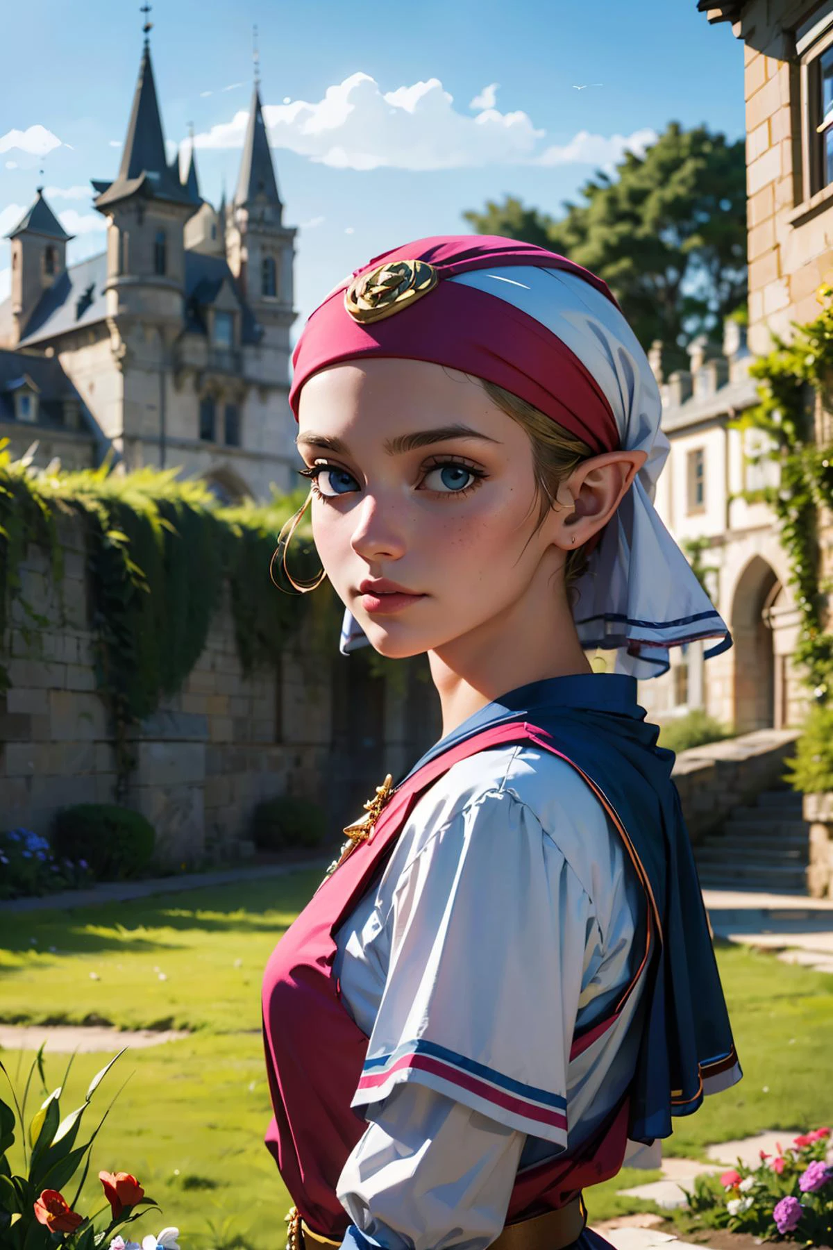 princess zelda, young zelda, oot, outdoors, looking at viewer, serious, medium shot,
outside, castle courtyard, flowers, grass, blue sky, extreme detail, hdr, realistic quality, analog, <lora:young_zelda_v1:.8>