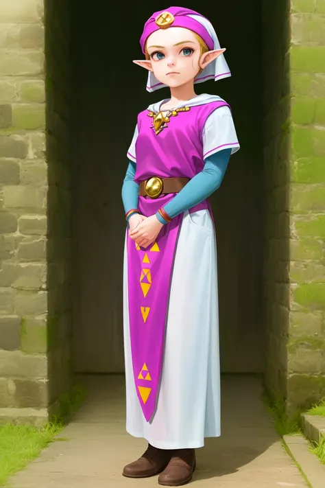masterpiece, best_quality, 1girl, solo, princess zelda, nintendo, the legend of zelda, oot, young zelda, outdoors, looking at viewer, full body,