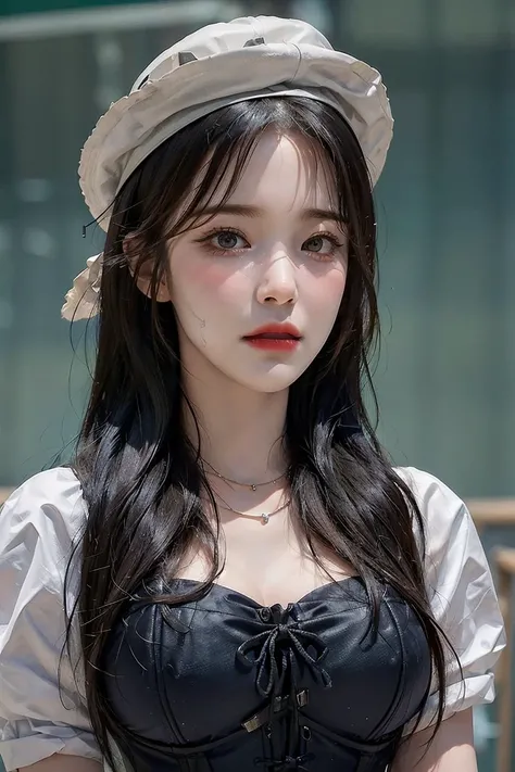 best quality, masterpiece, (photorealistic:1.4), 1 girl, corset, hat:1, necklace, cute, ((in school:1.4)), big breasts, ((Face Details:1.7)) -- <lora:Jiheon:1>