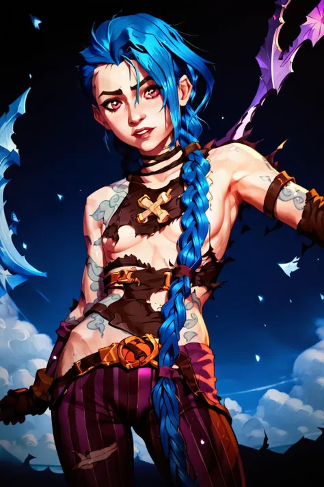 <lora:explodingclothespony:1>exploding clothes, torn clothes, convenient censoring <lora:ÐÐ¶Ð¸Ð½ÐºÑ Arcane(1girl,j1nx,blue hair,pale skin,chocker,purple eyes,long blue twin pigtails,tattoosmall breasts(crop top, sleeve,armbands,purple striped pants,gloves,gun,belt):0.7> 1girl,j1nx,blue hair,pale skin,chocker,purple eyes,long blue twin pigtails,tattoo,small breasts,crop top, sleeve,armbands,purple striped pants,gloves, Score_9, Score_8_up, Score_7_up, Score_6_up, Score_5_up, Score_4_up, BREAK,1girl in full growth, best quality, masterpiece, ultra-detailed, high quality,good quality,1 girl,(master piece,high resolution, ultra detailed,8K,16K),look at viewer
