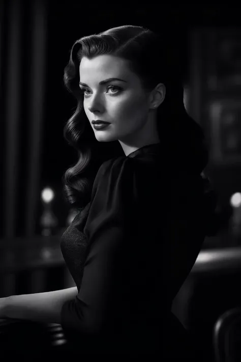 black and white closeup still photo of SiofraCipher with styled 1940s hair, wearing a vintage 1940s dress, crowded bar, femme fatale from a film noir movie, Robert Siodmak, cinematic lighting, atmospheric, dark, nostalgic, smoky, 35mm, depth of field <lora:LowRA:0.75>