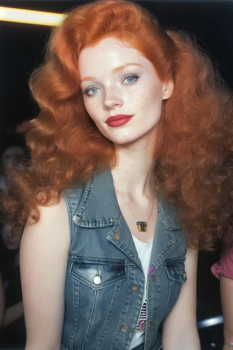 photograph of SiofraCipher, wavy 1980s big hair, hairspray, small smile, detailed face wearing heavy 1980s makeup and lipstick, lipgloss, wearing a black sleeveless tshirt and jean jacket, in a crowded club, airbrushed, soft focus, film grain, analog, Kodak Portra 800, f1.8, 50mm  <lora:LowRA:0.75>