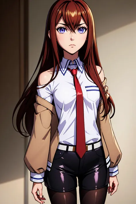 masterpiece, best quality, standing, <lora:makise kurisu-lora-Faxtron:.95> makise kurisu, purple eyes, brown hair, long hair, between eyes, long sleeves, white shirt, open clothes, necktie, shiny, collared shirt, belt, off shoulder, shiny hair, black pantyhose, short shorts, black shorts, red necktie, brown jacket,, depressed