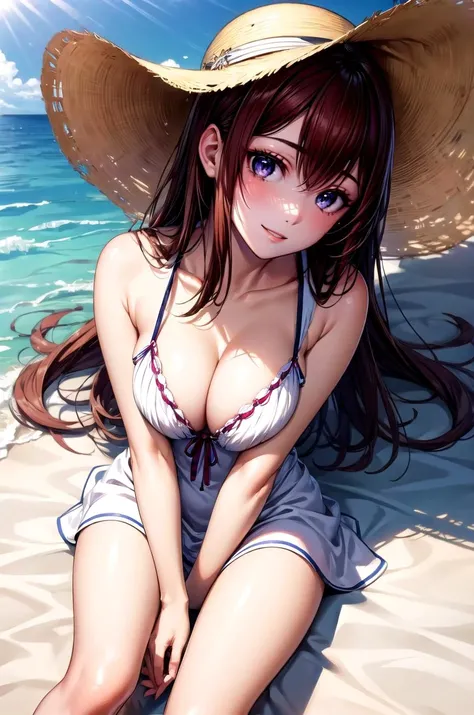 masterpiece, Highest quality, View Viewer, look up, From above, Kiss the viewer, Ocean, Exposing shoulders, Open your mouth,White swimsuit,マI&#39;m comingロビキニ,Low-rise string shorts,short hair,One person, Chubby, Big breasts, Spread your legs wide, I&#39;m coming