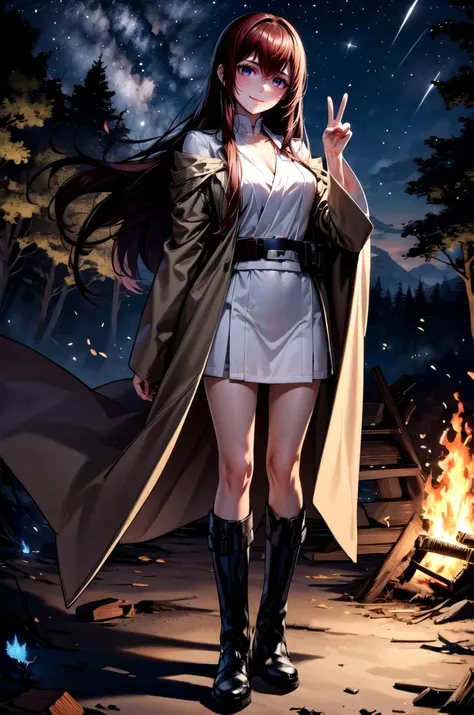 (masterpiece, best quality, detailed), 1girl, solo, looking at viewer, makise kurisu, purple eyes, brown hair, long hair,
<lora:JediOutfit:0.9>, JediOutfit, robe, belt, boots, (campfire), night, nature, night sky, forest, peace sign, smile, closed mouth
